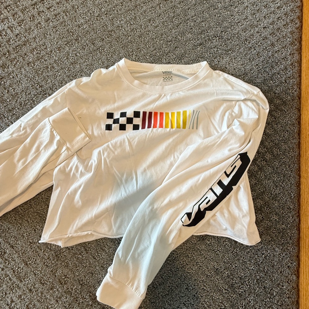 Vans White Long Sleeve Cropped Tee with Checkered Graphic